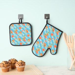 Ensemble De Gant De Cuisine Et De Manique Oranges Avec Motif Bleu