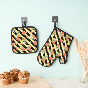 Ensemble De Gant De Cuisine Et De Manique Oranges avec Motif rayé jaune et noir