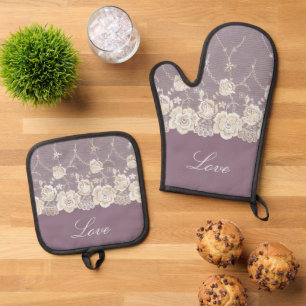 Ensemble De Gant De Cuisine Et De Manique Orchidée violette florale romantique d'amour