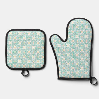 Ensemble De Gant De Cuisine Et De Manique Oven Mitt and Pot Holders Teal & Gold Arabesque Ki