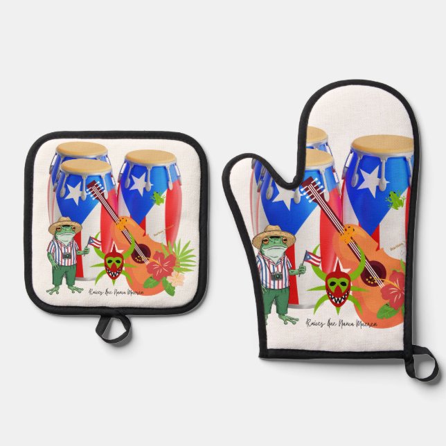 Ensemble De Gant De Cuisine Et De Manique Oven Mitt & Pot Holders Puerto Rican Kitchen Set (Recto)