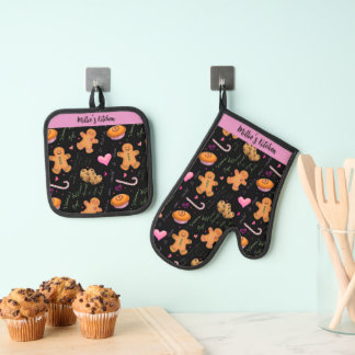 Ensemble De Gant De Cuisine Et De Manique Pain d'épices rose mignon et bonbon de menthe poiv