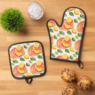 Ensemble De Gant De Cuisine Et De Manique Pamplemousse et citrons Aquarelle Citrus