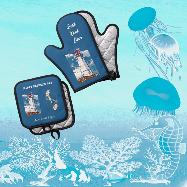 Ensemble De Gant De Cuisine Et De Manique Papa Fille Bonding Phare Bonne Fête des pères (Dad Daughter Bonding Lighthouse Happy Father's Day Oven Mitt & Pot Holder Set)