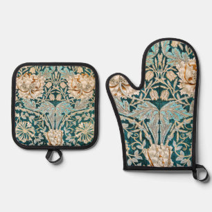 Ensemble De Gant De Cuisine Et De Manique Papier peint floral Morris Teal Blue Honeysuckle