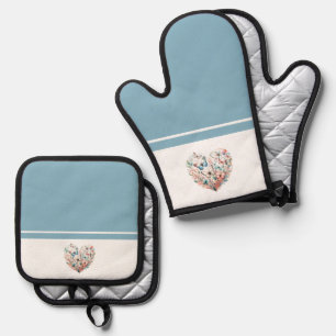 Ensemble De Gant De Cuisine Et De Manique Papillon bleu coeur blanc