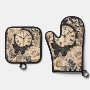Ensemble De Gant De Cuisine Et De Manique Papillon de compas marron rustique botanique