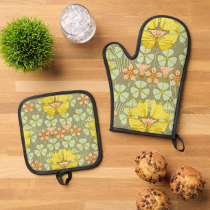 Ensemble De Gant De Cuisine Et De Manique Papillon Floral Botanique Coloré