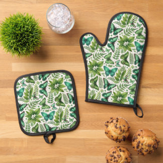 Ensemble De Gant De Cuisine Et De Manique Papillons Bleu-Vert