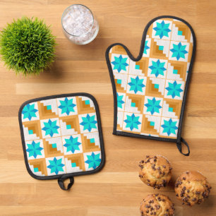 Ensemble De Gant De Cuisine Et De Manique Parchemin multicolore motif géométrique