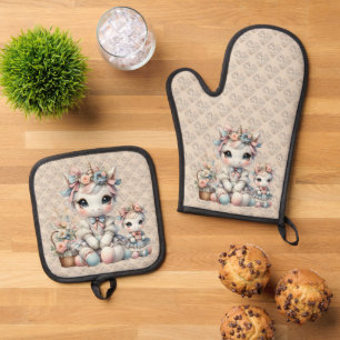 Ensemble De Gant De Cuisine Et De Manique Pastel Kawaii Unicorne Mère Fille Duo Beige