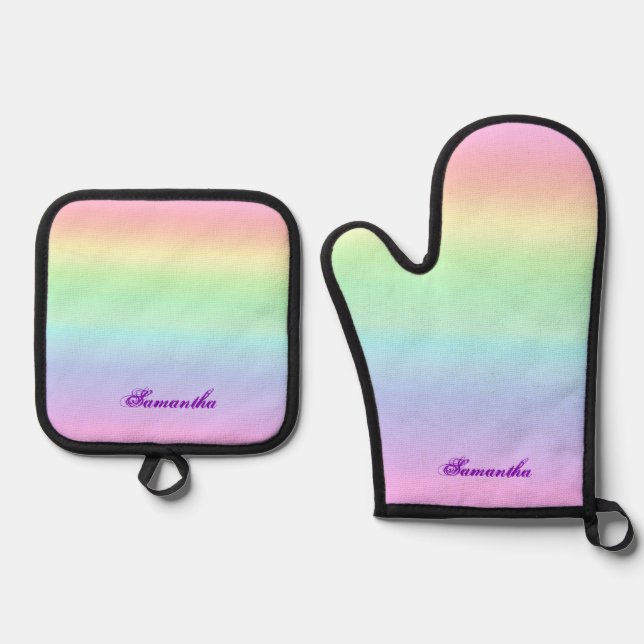 Ensemble De Gant De Cuisine Et De Manique Pastel Ombre Rainbow Ajouter Votre Nom (Recto)