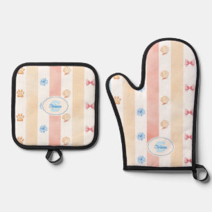 Ensemble De Gant De Cuisine Et De Manique Pastel Stripe - Empreintes de pattes, Fleur Bleue,