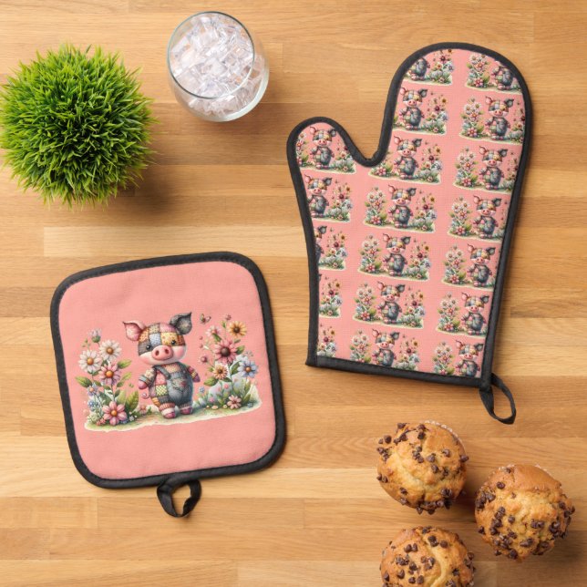 Ensemble De Gant De Cuisine Et De Manique Patchwork Piglet en Jardin Floral (De haut en bas)