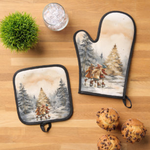 Ensemble De Gant De Cuisine Et De Manique Patinage vintage pour enfants sur un étang Noël