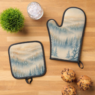 Ensemble De Gant De Cuisine Et De Manique Paysage enneigé de rêves gelés