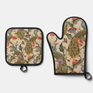 Ensemble De Gant De Cuisine Et De Manique Peacock Motif vintage Art coloré