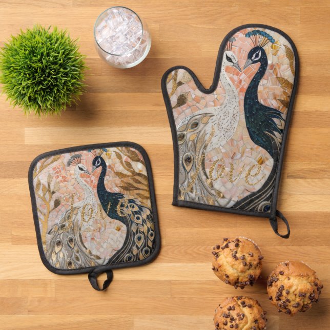 Ensemble De Gant De Cuisine Et De Manique Peacocks Gold Parties scintillant Love Blush Rose (De haut en bas)