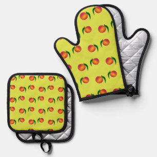 Ensemble De Gant De Cuisine Et De Manique Pêcher le motif de fruits sur le jaune