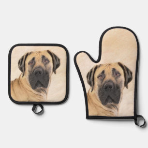 Ensemble De Gant De Cuisine Et De Manique Peinture de Boerboel Faon Mastiff Rouge Art Chien