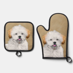 Ensemble De Gant De Cuisine Et De Manique Peinture de chiot Lhasa Apso Mignon Art original d