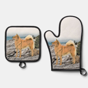 Ensemble De Gant De Cuisine Et De Manique Peinture finlandaise Spitz Seashore Peinture Chien