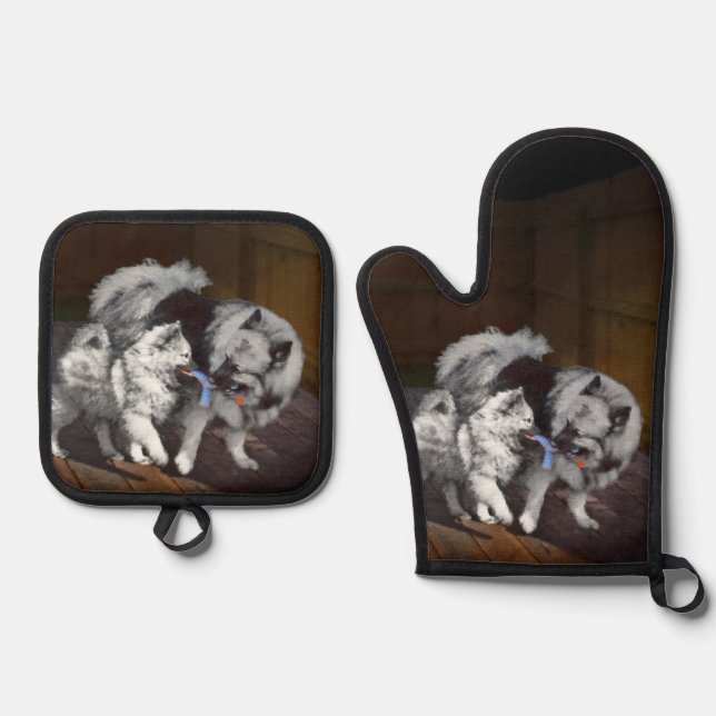 Ensemble De Gant De Cuisine Et De Manique Peinture Keeshond Playtime Cute Original Chien Art (Recto)