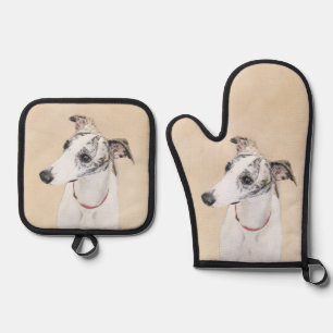 Ensemble De Gant De Cuisine Et De Manique Peinture Whippet Brindle Blanc Original Chien Art