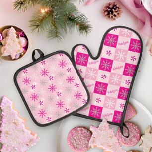 Ensemble De Gant De Cuisine Et De Manique Peppermenthe rose et argent Snowflakes Ajouter vot