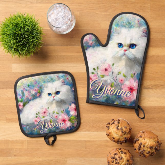 Ensemble De Gant De Cuisine Et De Manique Persian Cat Blue Eyes in Pink Flowers Personalized (De haut en bas)