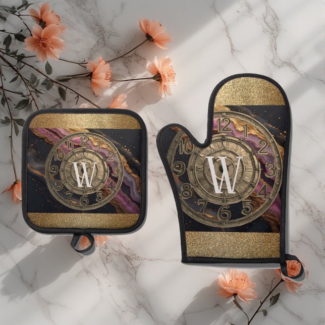 Ensemble De Gant De Cuisine Et De Manique Personalized Monogram Agate Pink Rustic Metal Luxe (Personalized Monogram Agate Pink Rustic Metal Luxe Oven Mitt & Pot Holder Set)