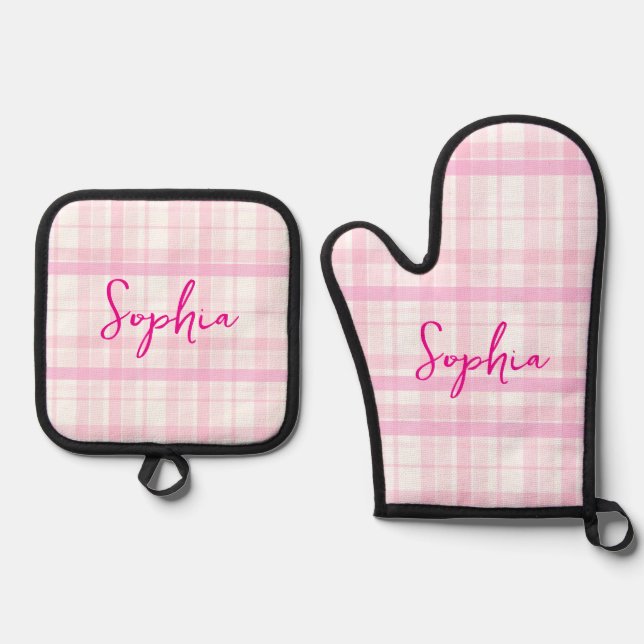 Ensemble De Gant De Cuisine Et De Manique Personalized Pink Plaid  (Recto)