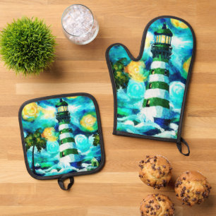 Ensemble De Gant De Cuisine Et De Manique Phare Tropical & Palm Trees Vert Bleu Turquoise