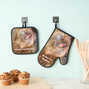 Ensemble De Gant De Cuisine Et De Manique Photographie de poulet à la tête inclinée