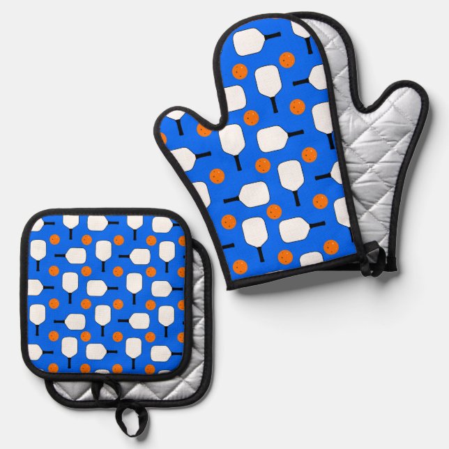 Ensemble De Gant De Cuisine Et De Manique Pickleball Blue, Orange Balls avec Paddles Blanche (Recto/Verso)