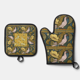 Ensemble De Gant De Cuisine Et De Manique Pigeon Blue Yellow Fish Art Nouveau