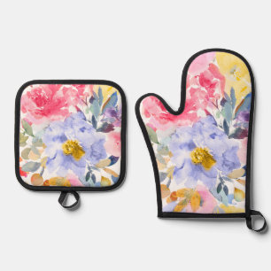 Ensemble De Gant De Cuisine Et De Manique PixDezines Aquarelle Roses de jardin d'été 
