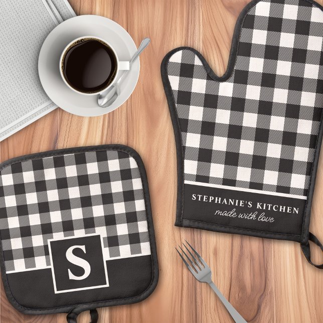 Ensemble De Gant De Cuisine Et De Manique Plaid Buffalo Noir Et Blanc À Carreaux Monogrammé (Créateur téléchargé)