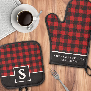 Ensemble De Gant De Cuisine Et De Manique Plaid Buffalo Rouge Et Noir À Monogramme