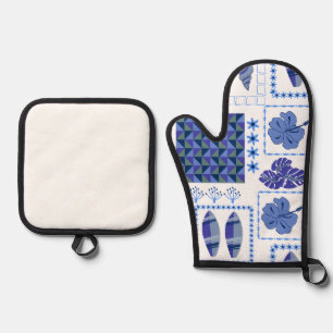 Ensemble De Gant De Cuisine Et De Manique Planche de surf tropicale bleue motif hibiscus