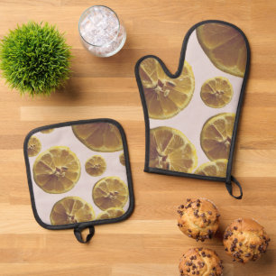 Ensemble De Gant De Cuisine Et De Manique Points ronds de rondelles modernes de citron jaune