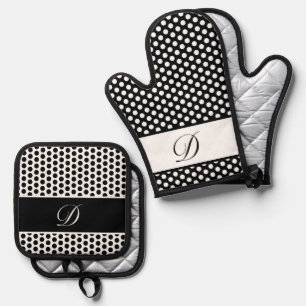 Ensemble De Gant De Cuisine Et De Manique Polka-point noir et blanc