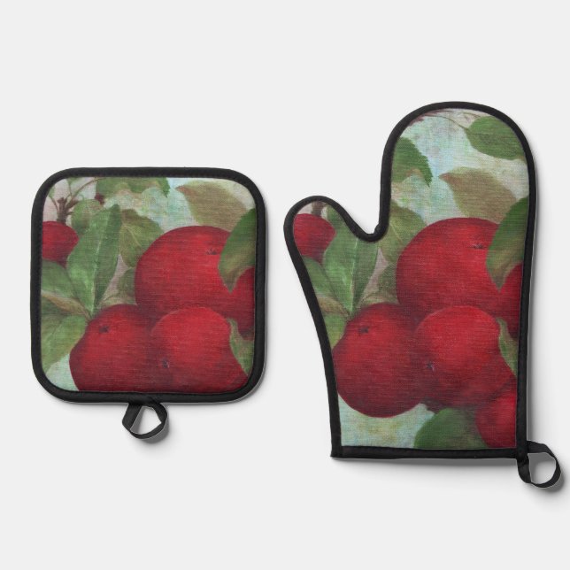 Ensemble De Gant De Cuisine Et De Manique Pomme récoltée, rouge et verte (Recto)