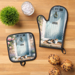 Ensemble De Gant De Cuisine Et De Manique Porche florale de Cottagecore avec Calico Cat