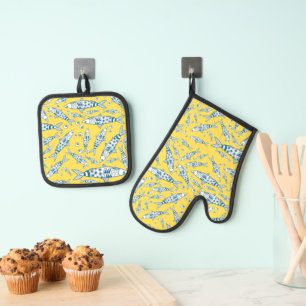 Ensemble De Gant De Cuisine Et De Manique Portugais Lisbonne Sardines Motif Azulejos Jaune