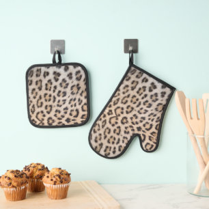 Ensemble De Gant De Cuisine Et De Manique Poster de animal de fourrure de léopard élégant