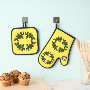 Ensemble De Gant De Cuisine Et De Manique Pot-Holder - Wreath of Holly Feuilles and Berries