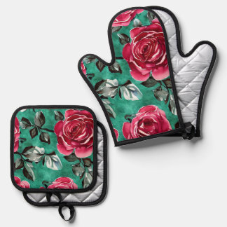 Ensemble De Gant De Cuisine Et De Manique Potholder set Mitt au four à Rose rouge