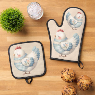Ensemble De Gant De Cuisine Et De Manique Poule de Cottage en Gingham Bleu