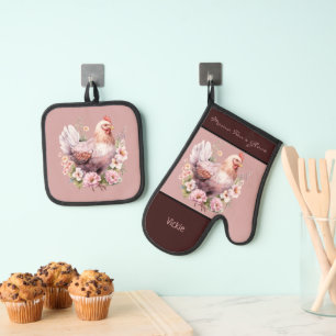 Ensemble De Gant De Cuisine Et De Manique Poulets En Fleurs Bourgogne Rose